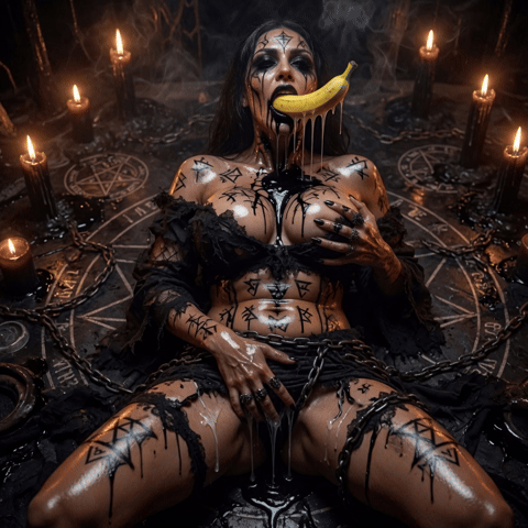 Cock sucking addiction spell ritual – extremely sexy woman with perfect oily shiny body, large firm breasts and juicy ass, covered in black runes and symbols, lying on a glowing pentagram with a banana in her mouth dripping, chains and candles surrounding her during a powerful oral fixation and addiction transformation spell.