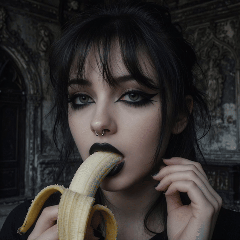 Gothic woman with black lipstick and heavy makeup slowly sucking a peeled banana, intense seductive eye contact, dark gothic background, powerful visual for cock-sucking slut and oral fixation spell