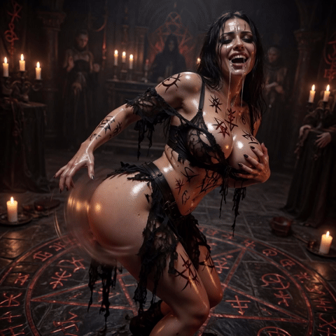 Dark slut conversion spell, possessed woman in an occult ritual, body covered in magical runes and symbols, torn black lingerie, expressing total ecstasy in the middle of a glowing pentagram circle lit by candles, dark erotic fantasy atmosphere.