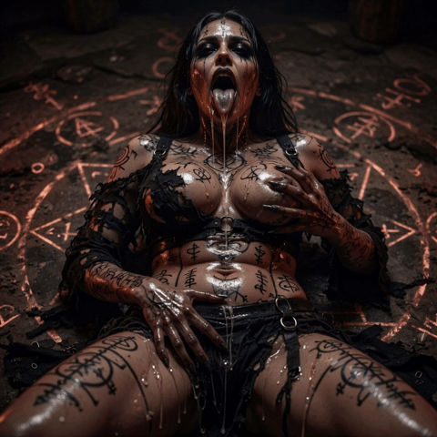 Demonic deepthroat cock sucking spell, extremely sexy woman with perfect oily shiny body, large firm breasts and juicy ass, covered in black runes and symbols, lying on a glowing occult circle with mouth wide open and tongue out, dripping and ready for throatpie during a powerful oral addiction and throat fucking transformation ritual.