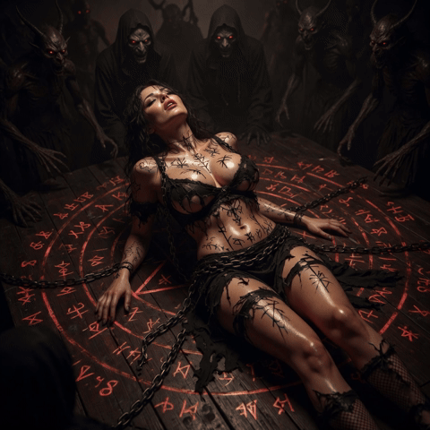 Demonic orgasm ritual, extremely sexy woman with perfect oily shiny body, large firm breasts and juicy ass, covered in black runes and chains, lying on a glowing red pentagram in ecstasy while dark demonic entities surround her during a powerful occult possession and body transformation spell