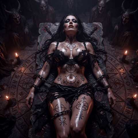 Demonic ritual body possession – extremely sexy woman with perfect oily shiny body, large firm breasts and juicy ass, fully covered in black runes and symbols, chained on a stone altar in black lingerie while dark demonic entities surround her during a powerful occult transformation spell