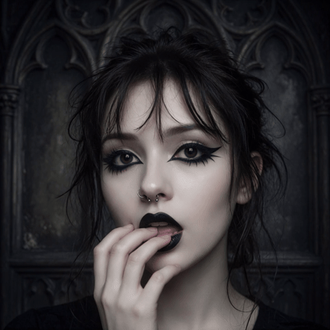 Gothic seductress with black hair, heavy dark makeup, nose ring and black lipstick, finger teasing her mouth, intense seductive gaze against a dark gothic background, perfect for dark erotic ritual energy