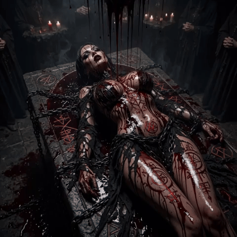 Satanic Sex Ritual, extremely sexy woman with perfect oily shiny body, large firm breasts and juicy ass, covered in blood and red runes, chained on a stone altar while blood drips over her during a powerful demonic possession and body transformation spell