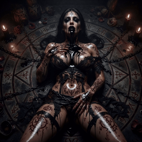 Succubus possession ritual, extremely sexy woman with perfect oily shiny body, large firm breasts and juicy ass, covered in black runes and symbols, chained inside a glowing occult circle with black liquid running from her mouth during a powerful demonic body transformation and possession spell